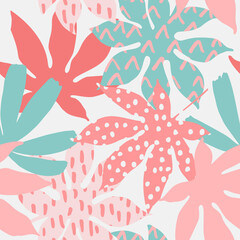 Wall Mural - Colorful tropic leaves with doodle textures summer seamless pattern