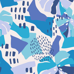 Abstract seamless pattern with abstract paper cut out, doodle texture, tropical leaves.