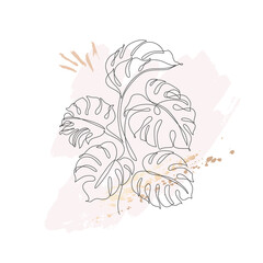 Poster - Tropical monstera leaves bush silhouette in line art on pastel pink stain and golden brush strokes background.