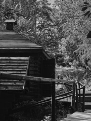 old wooden house and bridge black and white