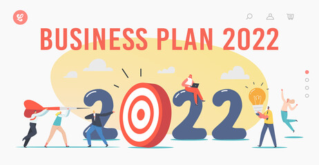 Wall Mural - Business Plan 2022 Year Landing Page Template. Characters Throw Huge Darts into Target, Office Workers Career Boost