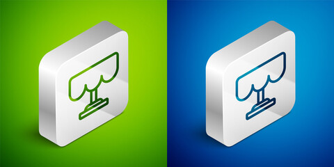 Sticker - Isometric line Wooden table icon isolated on green and blue background. Street cafe. Silver square button. Vector