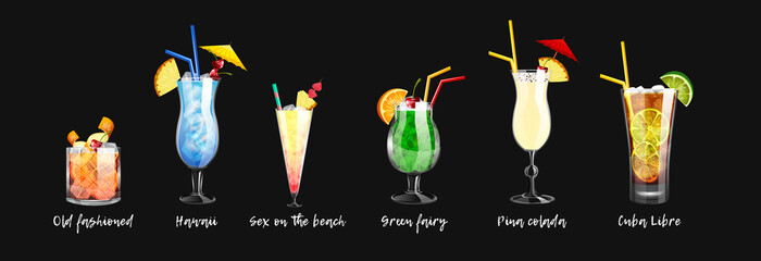 Set of alcoholic cocktails and non-alcoholic cocktails on a black background. Vector illustration