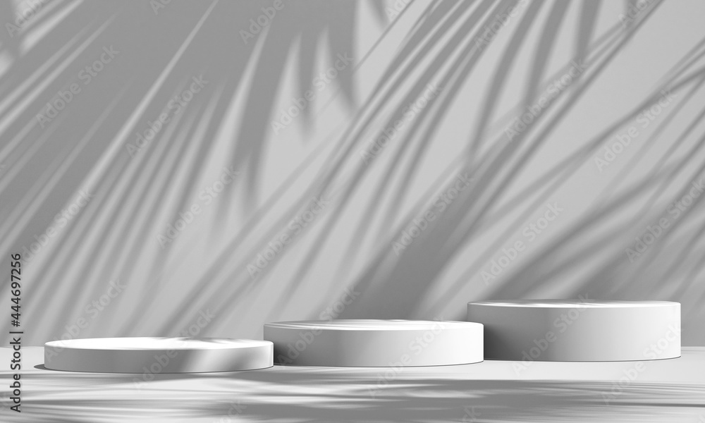 3D white product podium display with white background and tree shadow ...