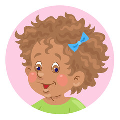 Sticker - Cute African American little girl avatar icon. In a pink circle. In cartoon style. Isolated on white background. Vector illustration