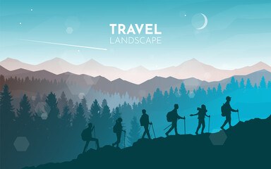 Wall Mural - Teamwork. Climbers climb up the mountain. Hiking. Adventure. Travel concept of discovering, exploring and observing nature. Polygonal minimalist graphic flat design. Vector illustration.