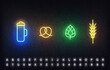 Oktoberfest neon icons template. Bright sign of beer glass, pretzel, hop and wheat ear for Oktoberfest