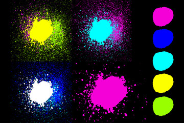 Wall Mural - Round blue, green, pink neon colors explosin splash splatter elements isolated on black. Artistic circles spray paint grunge abstract background set, vector illustration for your design