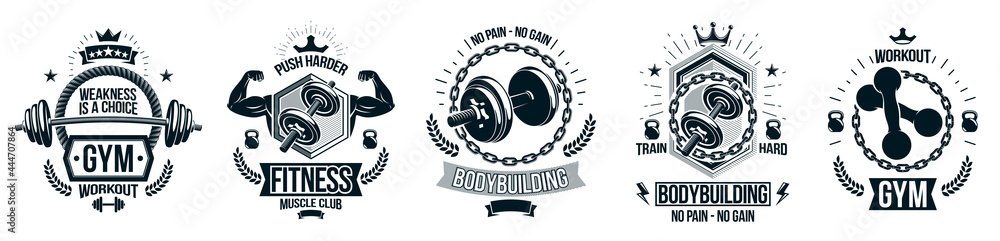 Gym fitness sport emblems and logos vector set isolated with barbells dumbbells kettlebells and muscle body man silhouettes and hands, athletics workout sport club, active lifestyle. - obrazy, fototapety, plakaty 