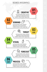 Vector infographics with 6 hexagons. Line arrows chart process template with icons. Modern timeline for company or corporate business project, presentation, web, diagram, content