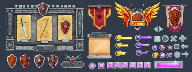 Stone game user interface design kit, medieval knight RPG template design, rock signboard, shield. Vector UI buttons, parchment, treasury, victory sign, arrow assets panel. Game interface set