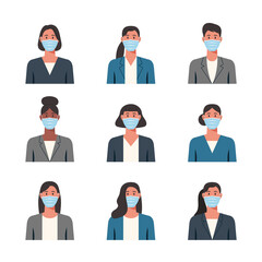 Wall Mural - People portraits of businesswomen with protective medical masks, female faces avatars isolated icons set, vector flat illustration