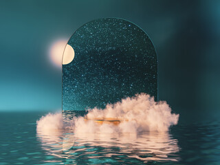 Fototapete - Natural beauty podium backdrop for product display with dreamy cloud and arch frame.3d seascape Night scene.
