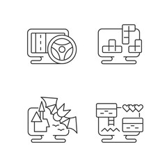 Life simulator games types linear icons set. Vehicles controlling games. Customizable thin line contour symbols. Isolated vector outline illustrations. Editable stroke