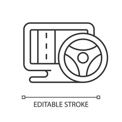 Sticker - Vehicle simulation linear icon. Players feels like controlling different real automobile. Thin line customizable illustration. Contour symbol. Vector isolated outline drawing. Editable stroke