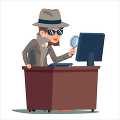 PC search woman snoop detective magnifying glass tec agent online cartoon design vector illustration