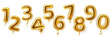 Golden Number Balloons. Realistic Metal Air Party Decor. Anniversary Celebration Numeral Shapes From Zero To Nine. 3D Festive Events Greeting Inflatable Metallic Figures, Vector Set