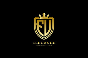 initial FU elegant luxury monogram logo or badge template with scrolls and royal crown - perfect for luxurious branding projects