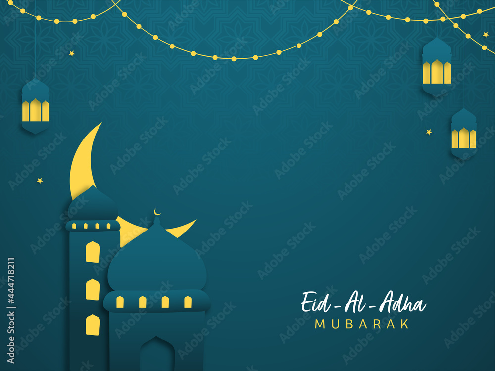 Islamic festival of sacrifice Eid-Ul-Adha Mubarak background with paper mosque, crescent moon and hanging lanterns. - obrazy, fototapety, plakaty 