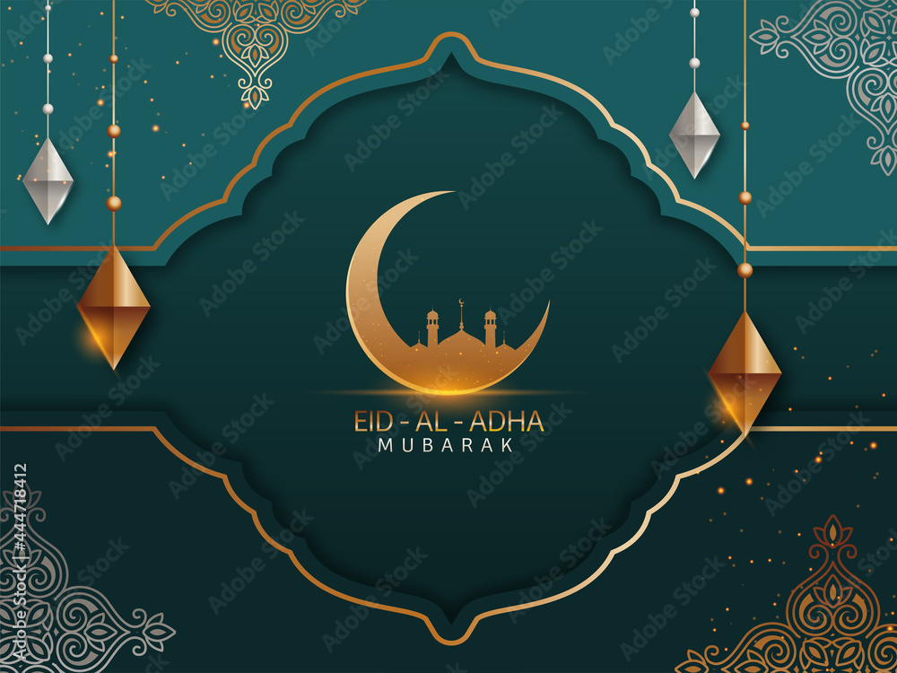 Islamic festival of sacrifice concept with Arabic calligraphic text Eid-Ul-Adha Mubarak and golden crescent moon, mosque and silver and golden ornaments. - obrazy, fototapety, plakaty 