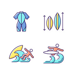 Sticker - Surf riding RGB color icons set. Wetsuit. Choosing surfboard size. Surf wipeout. Flight maneuver. Keep warmth. Isolated vector illustrations. Picking best board simple filled line drawings collection