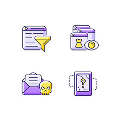 Network surveillance purple RGB color icons set. Filter bubble. Online behavioral tracking. Email phishing. Isolated vector illustrations. Turning location off simple filled line drawings collection