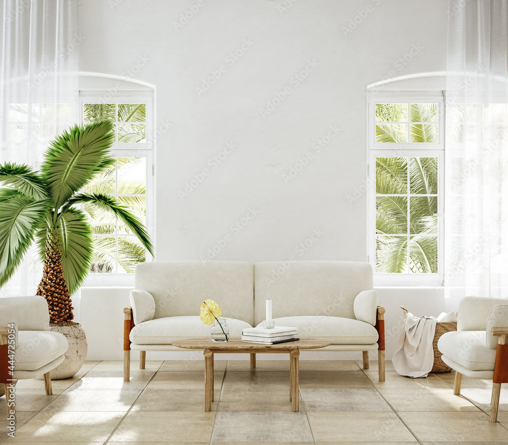 Home mockup, living room interior of Spanish villa, 3d render - obrazy, fototapety, plakaty 