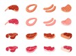 Fried meat. Flat cooking beef, fresh raw sirloin and bbq steak on dinner. Pork steaks and sausages, delicious meats food recent vector icons