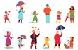 © MicroOne - People in autumn. Park walking, fun men wear outdoor cloth. Urban fall season characters, person with umbrella and colorful leaves decent vector set