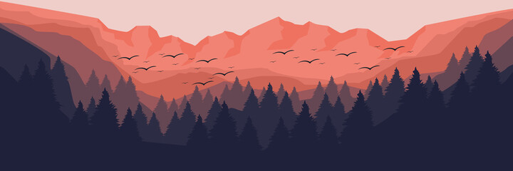 Poster - sunset in mountain landscape flat design vector illustration for background, wallpaper, backdrop, design template, tourism design template and wallpaper design template