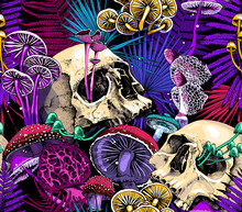 Seamless Wallpaper Pattern. Bright Magic Psychedelic Mushrooms And Skulls. Humor Textile Composition, Hand Drawn Style Print. Vector Illustration.