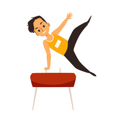 Canvas Print - Child doing gymnastic with sport equipment, flat vector illustration isolated.