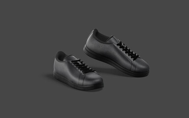 Wall Mural - Blank black leather sneakers with lace tiptoe mockup, dark background