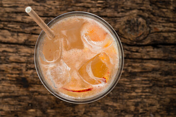 Poster - Homemade lemonade with peaches in plastic take away cup