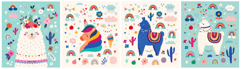 Wall Mural - Baby designs with cute llama and unicorn. Baby animals pattern. Vector illustration with cute animal lama, alpaca and unicorn. Nursery baby illustration