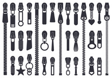 Zipper Fasteners. Clothing Zipper Pullers Silhouettes, Closed Zipper Lock, Slide Fasteners Isolated Vector Illustration Set. Sewing Zipper Elements
