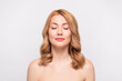 © deagreez - Photo portrait woman blonde hair naked shoulders enjoying skin treatment isolated white color background