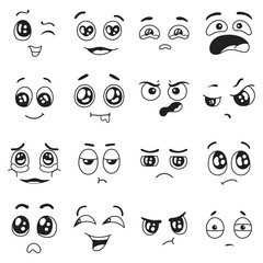 Doodle emotions set. Happy and sad, crying and in love facial expressions. Surprised, confused emoji