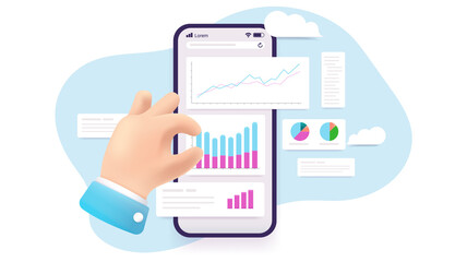 Fototapete - Analysing data on smartphone - Cartoon hand and phone with graphs, diagrams and charts. Analytics management concept. Vector illustration