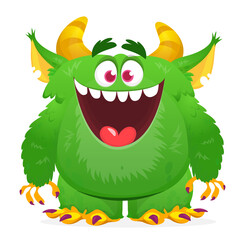 Funny cartoon furry monster character. Illustration of cute and happy mythical alien