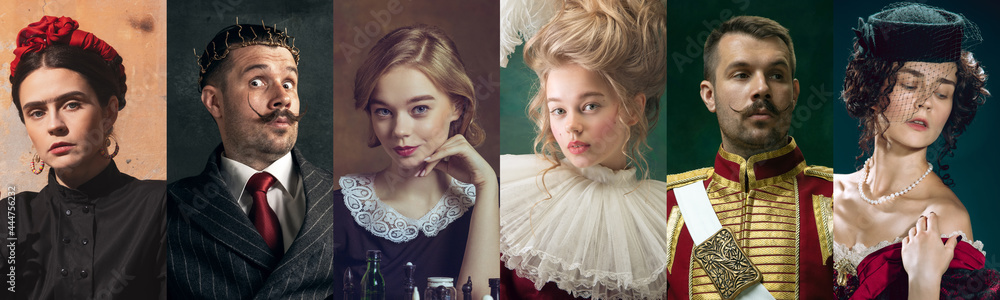 Medieval men and women as a royalty persons in vintage clothing on dark background. Concept of comparison of eras, modernity and renaissance, baroque style. - obrazy, fototapety, plakaty 