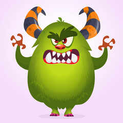 Funny cartoon furry monster character. Illustration of cute and happy mythical alien