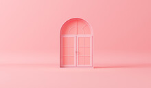 Pink Door, Window In Monochrome Pink Color Background, Single Color Composition.Trendy 3d Render For Social Media Banners, Promotion, Presentation, Picture Frame . Stage For Fashion On Website.
