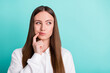 © deagreez - Portrait of attractive curious long-haired girl overthinking copy space isolated over bright teal turquoise color background
