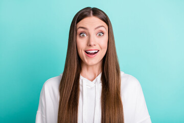 Sticker - Photo of amazed young shocked woman reaction unexpected sale news isolated on teal color background