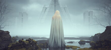 Futuristic Sci Fi Evil Spirit Ghost Woman Looking Over Its Shoulder In Alien Landscape Mysterious Foggy Abandoned Brutalist Architecture 3d Illustration Render