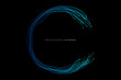 Abstract wavy dynamic blue light lines circle swirl round frame isolated on black background in concept technology, neural network, neurology, science, music.