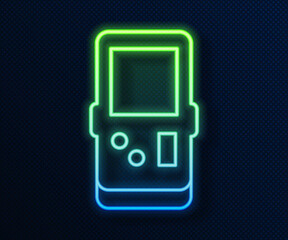 Sticker - Glowing neon line Portable tetris electronic game icon isolated on blue background. Vintage style pocket brick game. Interactive playing device. Vector