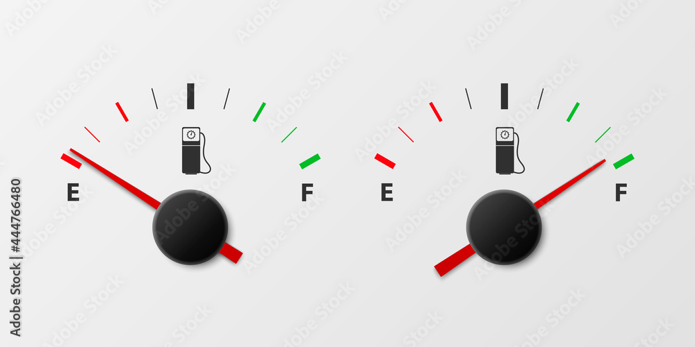 Vector 3d Realistic White Gas Fuel Tank Gauge, Oil Level Bar on White Background. Full and Empty. Car Dashboard Details. Fuel Indicator, Gas Meter, Sensor. Design Template - obrazy, fototapety, plakaty 