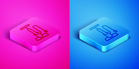 Sticker - Isometric line Bicycle air pump icon isolated on pink and blue background. Square button. Vector